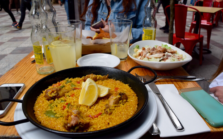 Pan of paella on a table