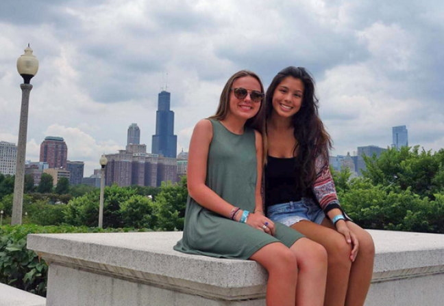 Two girls on a city bench