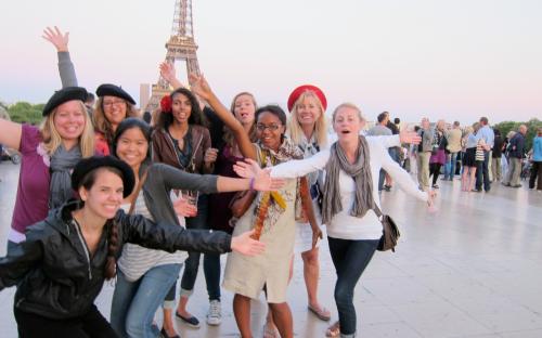 Happy Group with Eiffel Tower Distant