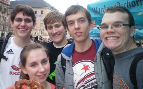 Group of Students Eating Big Pretzel