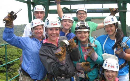 Student group with teacher on a zipline platform