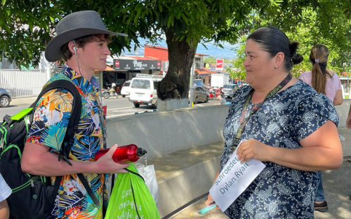 boy greeting host mom