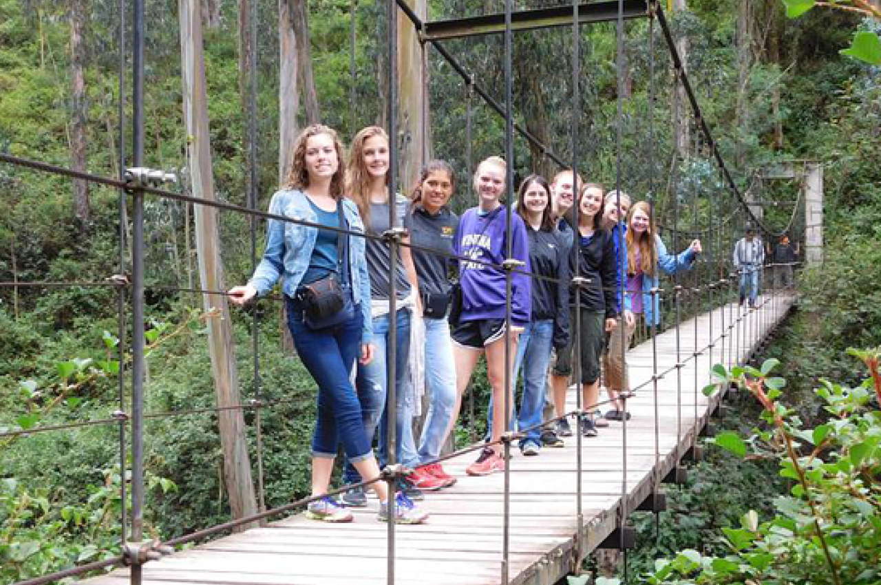 Kids on a rope bridge