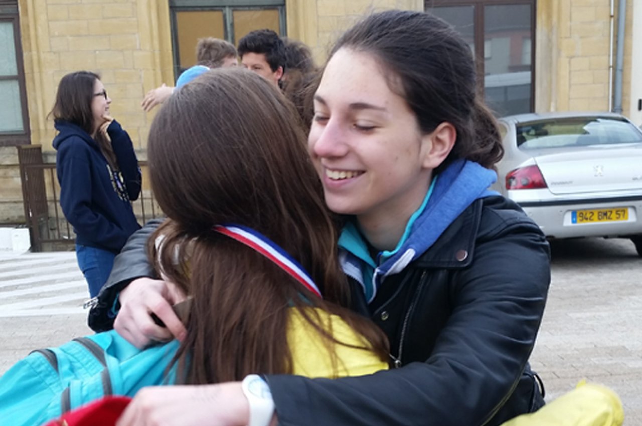 two girls hugging