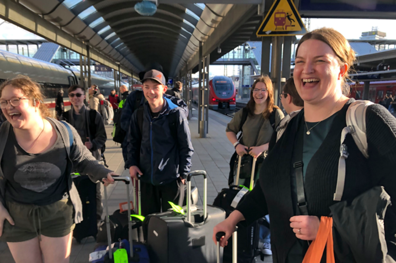 Student group at a train station